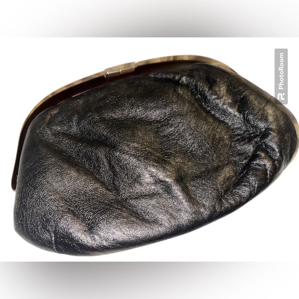 Ruth Saltz Vintage Black Leather Kiss Lock Clutch Slouchy Frame Bag Retro Purse